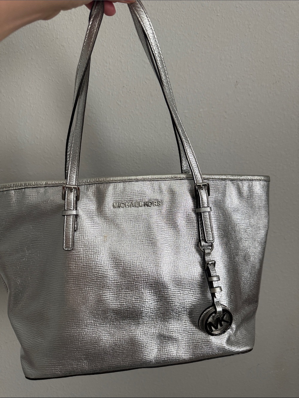 Michael Kors Metallic Silver Tote with MK Charm